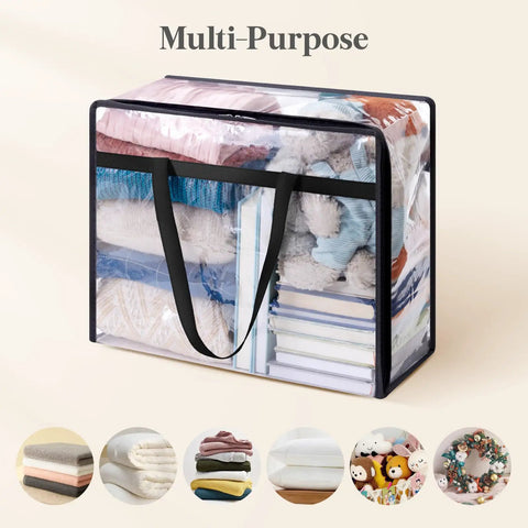 Clear view of 4 Pack Clear 40L Plastic Clothes Storage Bags With Zipper, showcasing stacked bedding inside, multipurpose use.