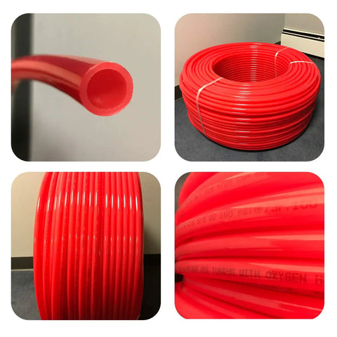 3/4 Inch PEX B Red Tubing 300 Ft For Hot Water And Potable Water Lines Indoor Outdoor Use, four angles of red coiled pipe