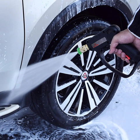 Beefed Up Pressure Washer Gun 5000 PSI Stainless Steel Swivel Inlet spraying car wheel during wash