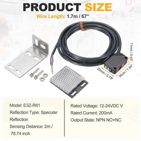 Photoelectric Sensor Kit 12-24V DC Pro Grade Specular Reflection Detects Objects With 2M Range NPN NO NC Outputs 3 Line