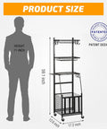 Alloy Steel 4 Tier Rolling Sports Equipment Storage Rack With Wire Mesh Shelves Ball Storage Organizer Removable Hooks Indoor Outdoor Garage Gear Organizer For Baseballs Gloves Bats Helmets Rackets And More next to a silhouette for size reference.