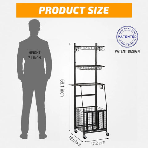 Alloy Steel 4 Tier Rolling Sports Equipment Storage Rack With Wire Mesh Shelves Ball Storage Organizer Removable Hooks Indoor Outdoor Garage Gear Organizer For Baseballs Gloves Bats Helmets Rackets And More next to a silhouette for size reference.