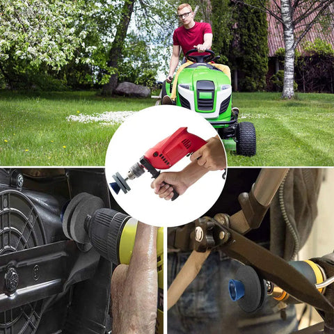 Double Layer Corundum Lawn Mower Blade Sharpener for Any Drill Universal Sharpening Tool with Dual Grindstones in use