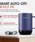 Smart Self Heating Coffee Mug With Advanced Temperature Control And AI Auto Warm Tech Keeps Your Morning Joe Piping Hot In A Sleek 16 Oz Insulated Travel Cup. Dark blue mug with lid showing features.