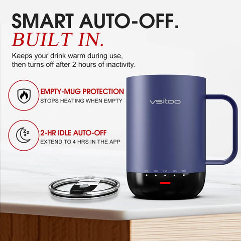 Smart Self Heating Coffee Mug With Advanced Temperature Control And AI Auto Warm Tech Keeps Your Morning Joe Piping Hot In A Sleek 16 Oz Insulated Travel Cup. Dark blue mug with lid showing features.