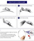 Instructions for using Stainless Steel Hose Clamps Kit With Large Worm Gear Adjustable Pipe Clamps for fitting and tightening.