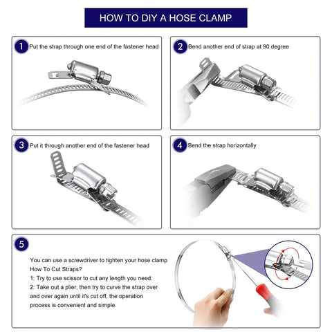 Instructions for using Stainless Steel Hose Clamps Kit With Large Worm Gear Adjustable Pipe Clamps for fitting and tightening.
