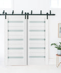 Two Door Barn Style Bypass Sliding System With Frosted Glass Panels, White MDF Construction, 84x96 Inches, Modern Farmhouse Look