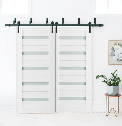 Two Door Barn Style Bypass Sliding System With Frosted Glass Panels, White MDF Construction, 84x96 Inches, Modern Farmhouse Look