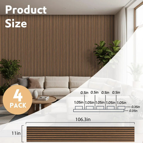 4 Pack Sleek Wood Slat Wall Panels For Modern Living Space Upgrade Featuring 3D Fluted Acoustic Soundproofing In Gorgeous Walnut Tones Quick Screw Or Glue Application For Instant Room Vibe Glow Up, showcasing product dimensions.