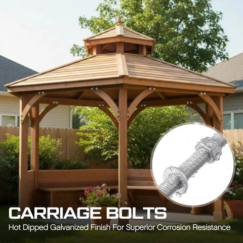 Three Eighths Inch By Three And A Half Inch Carriage Bolt Kit With Beefy Heavy Duty Build Includes 30 Carriage Bolts 30 Flat Washers And 30 Hex Nuts For Exterior Decks Gazebos Pergolas And Other Tough Outdoor Projects. Hot dipped galvanized carriage bolt on a gazebo