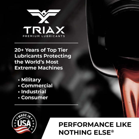 TRIAX Premium Lubricants label showing performance claims and USA origin badge