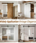 Multiple interior views showing the 5.5Ft Single Sliding Barn Door Hardware Kit In Black Carbon Steel With Flat Track System