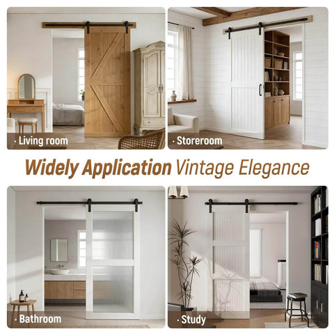 Multiple interior views showing the 5.5Ft Single Sliding Barn Door Hardware Kit In Black Carbon Steel With Flat Track System