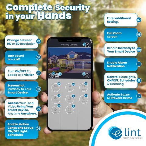 Hands holding smartphone displaying security app interface for All In One Outdoor Floodlight Camera With 1080p Video No Monthly Fees Free 64GB Card Included 3000 Lumen Brightness Weatherproof Night Vision Motion Alerts Siren And Two Way Audio WiFi