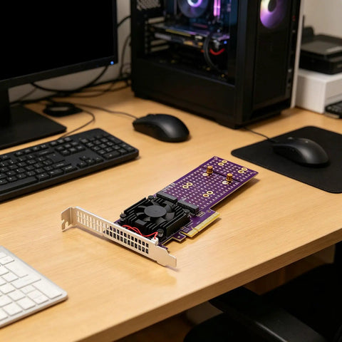 Kickstart Desktop Upgrade With This Dual Bay M.2 NVMe Enclosure Feature PCI Express 4.0 Riser Card on a wooden desk.