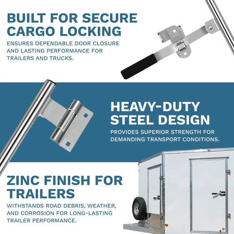 55-Inch Cam Bar Door Lock For Enclosed Trailers And RVs, heavy-duty zinc-plated swing latch, shown with trailer door application.
