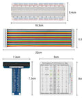 Raspberry Pi GPIO Breakout Starter Kit with 830-tie-point breadboard, 40-pin ribbon cable, GPIO extension board, and reference map.
