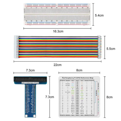 Raspberry Pi GPIO Breakout Starter Kit with 830-tie-point breadboard, 40-pin ribbon cable, GPIO extension board, and reference map.