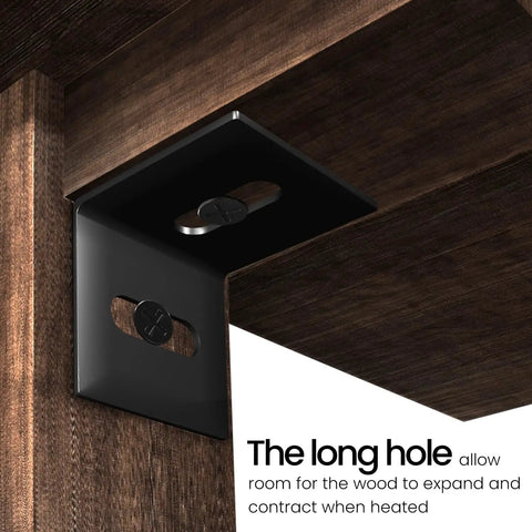 Built Like A Tank Adjustable Corner Brackets 24 Pack Heavy Duty Steel Furniture Hardware showing long hole for wood expansion.