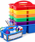 12 Pack Colorful Classroom Caddies With Three Compartments stacked, each with a handle and filled with stationery supplies.