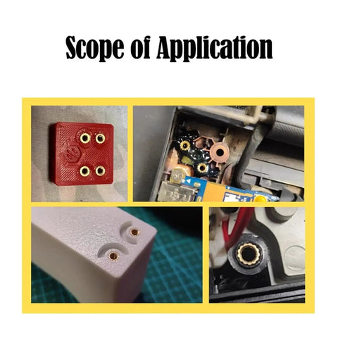 Copper Knurled Threaded Inserts M1 to M8 heat molded into 3D printed and electronic parts showcasing application scope