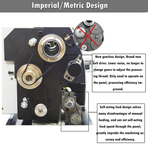 Zero Fuss Operation On This 8X16 Mini Metal Lathe Features A Quiet Gearless Drive And Snap Switch Metric Inch Dialing, showing gearless design.