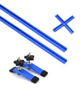 Premium Strike Two Pack Twenty Four Inch Extruded Anodized Aluminum T Tracks with Hold Down Clamps and Screws laid out on white background.