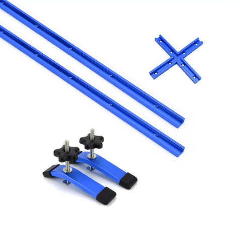 Premium Strike Two Pack Twenty Four Inch Extruded Anodized Aluminum T Tracks with Hold Down Clamps and Screws laid out on white background.