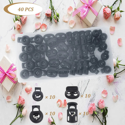 Forty Piece Cord Locks Set For Drawstrings Black Plastic Toggle Stoppers With Four Sizes Elastic Cord Adjusters