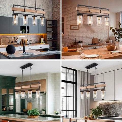 4 Light Farmhouse Kitchen Island Pendant Light With Black Metal And Wood Finish, 36 Inch Linear Hanging Chandelier in different settings
