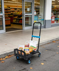 Two In One Folding Hand Truck Dolly Workhorse With Four Quiet TPR Wheels And 3 Level Adjustable Handle For Luggage Travel Office Moving Camping Outdoor Use Black Blue, loaded with groceries