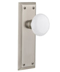 New York Plate And Interior White Porcelain Round Door Knob Set For Interior Doors, Vintage-Inspired Hardware with Long Plate