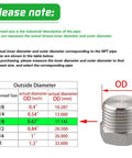 Size chart for 3/8 NPT male stainless steel outer hex head pipe plug with diagram and measurements.
