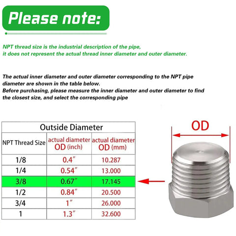 Size chart for 3/8 NPT male stainless steel outer hex head pipe plug with diagram and measurements.