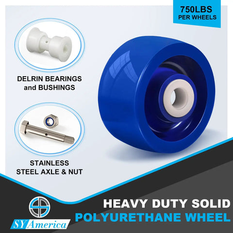 Rock Solid 4 Inch Blue Polyurethane Caster Wheels Heavy Duty Replacement Casters with Delrin bearings support 750 lbs.