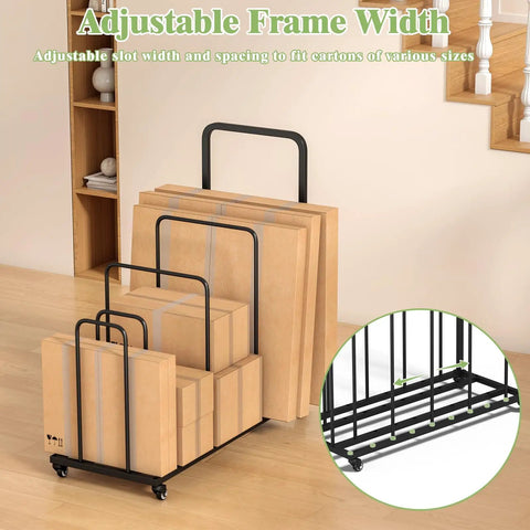 Rolling Cardboard Box Rack With Lockable Wheels Portable Carton Storage Stand Holds Ten To Fifteen Boxes Space Saving Carton Organizer