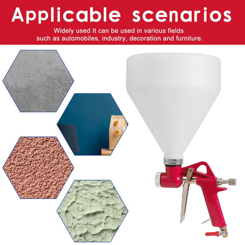 Professional Air Texture Spray Gun With 1.5 Gallon Hopper and Three Easy Swap Nozzles showcasing red alloy body and large white hopper.