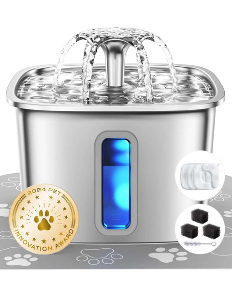 Award Winning Premium 304 Stainless Steel Cat Water Fountain 108 Oz with LED, filters, and silicone mat for cats and dogs