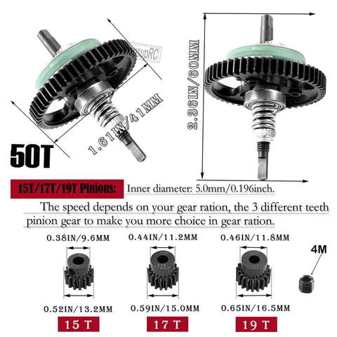Beefed-Up 50T 32-Pitch Spur Gear Differential Set For 1/10 Slash 4X4 And Slash 4X4 VXL with 15T/17T/19T pinions illustration