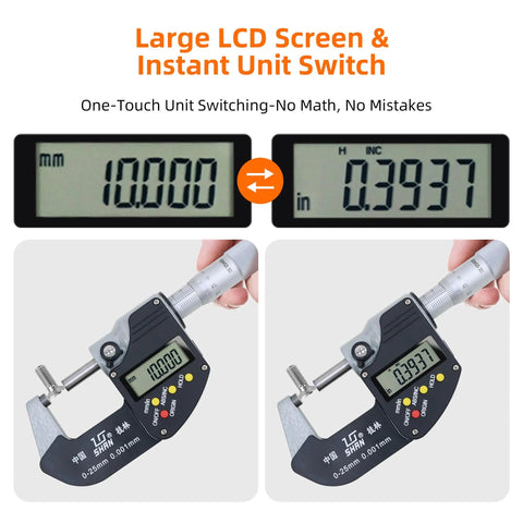 0-1 Inch Digital Micrometer With Carbide Tip, 0.00005 Inch Resolution, 0-25mm Range showing LCD screen with measurements