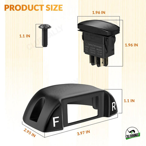 Golf Cart Forward Reverse Rocker Switch And Housing Kit dimensions with 3.97x2.95x1.1 in housing and 1.96 in switch