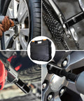 Beefy Three Eighths Inch Drive Deep Impact Socket Set in use on car tire and machinery, shown with heavy duty storage case.