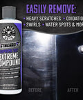Insynchro Supreme Extreme Compound Ultra Heavy Cut For Deep Scratches, Swirls, And Severe Oxidation bottle next to car paint correction result