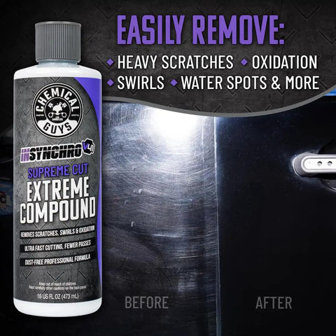 Insynchro Supreme Extreme Compound Ultra Heavy Cut For Deep Scratches, Swirls, And Severe Oxidation bottle next to car paint correction result
