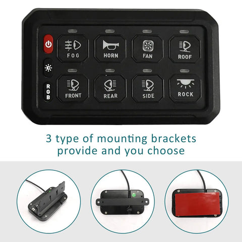 8 Gang Switch Panel With Wireless Remote And RGB Backlit Multifunction Toggle and mounting brackets for 12V-24V vehicles