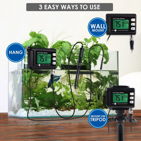 All In One pH and Temperature Meter for Aquariums and Hydroponics, Digital Aquarium Thermometer displayed on aquarium wall, hang, tripod mount