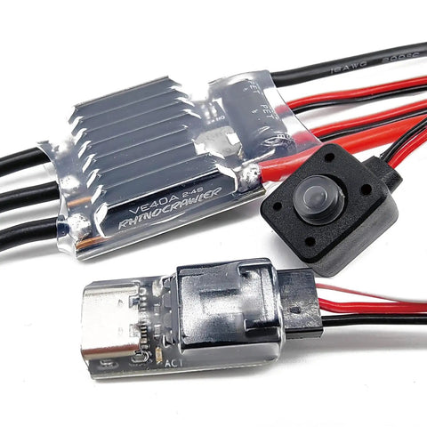 AM32 40A Crawler ESC With 5.2 To 8.2V BEC and wiring, shown with RhinoEsc board for rock crawling performance.
