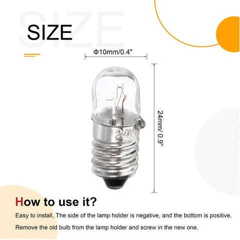 Hella Bright E10 Screw Base Miniature Bulbs 24 Volts 2 Watts Warm Yellow Lamp Replacement For Flashlights Circuit Boards And Indicator Lights 10 Pack Set, size 24mm glass dome bulb.