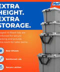 Kick Butt Heavy Duty 50 Gallon Storage Bins with Crystal Clear Lids Nesting Stackable Plastic Totes Hold tools and clutter, stacked grey bins.